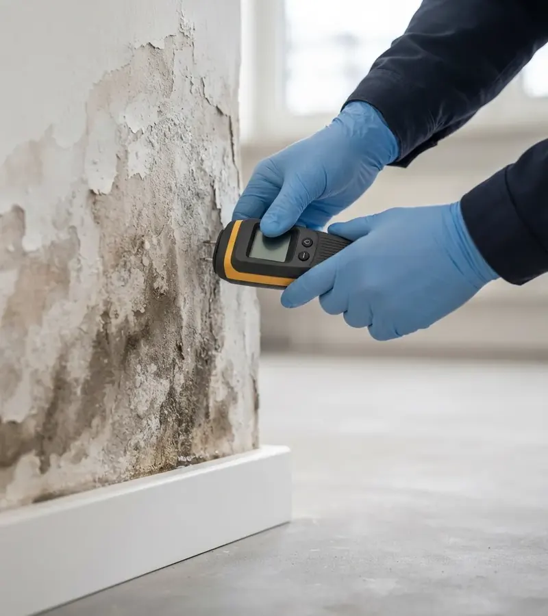 Técnico midiendo la humedad en la parte baja de una pared en Villarrubia de los Ojos