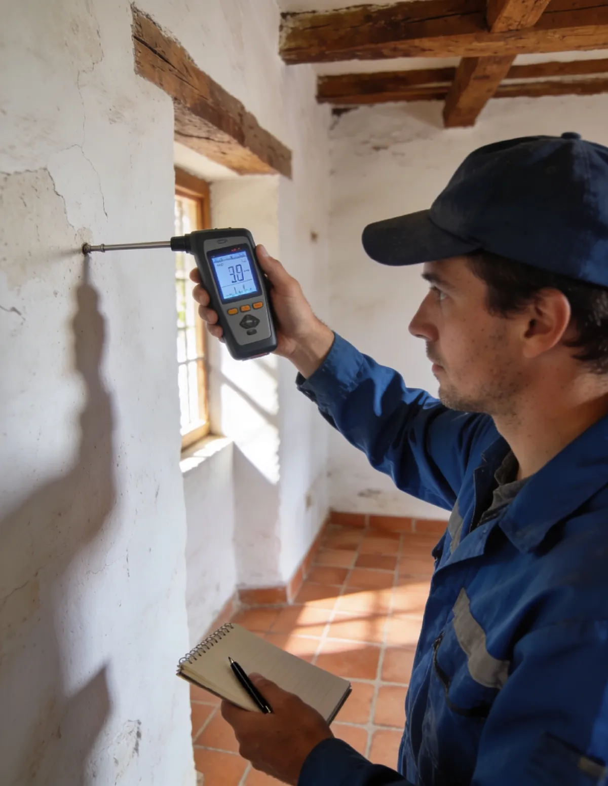 Técnico HUMIX midiendo la humedad de un muro antiguo en Villarrubia de los Ojos